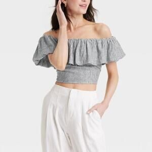 NWT A New Day Ruffle Sleeve Off The Shoulder Linen Crop Top Black Women's Large